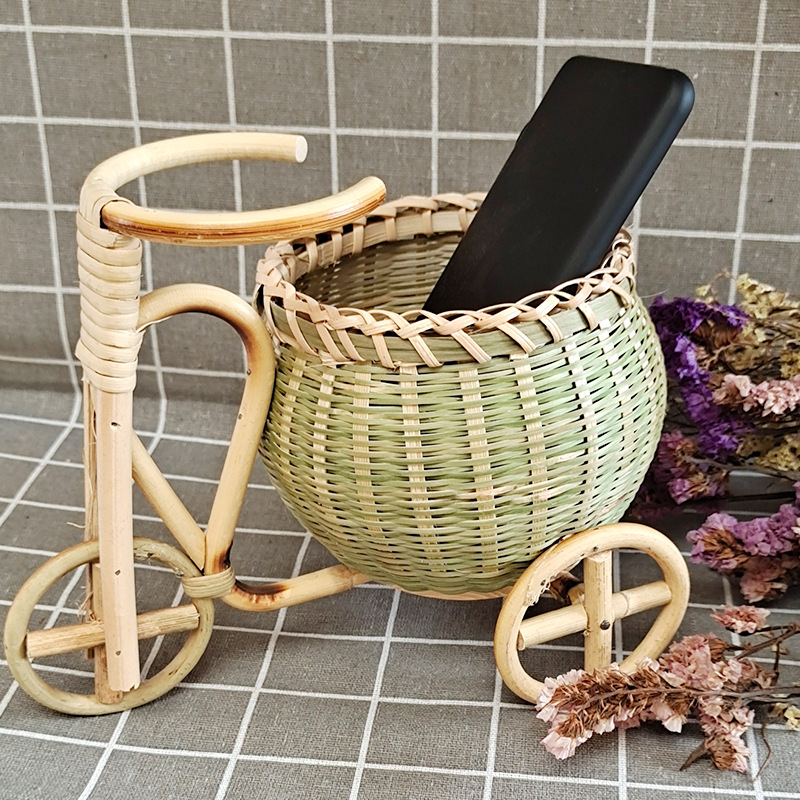 Bamboo Woven Mini Tricycle Boy Bamboo Woven Decorations Office Desk Ornaments Pencil Basket Trolley