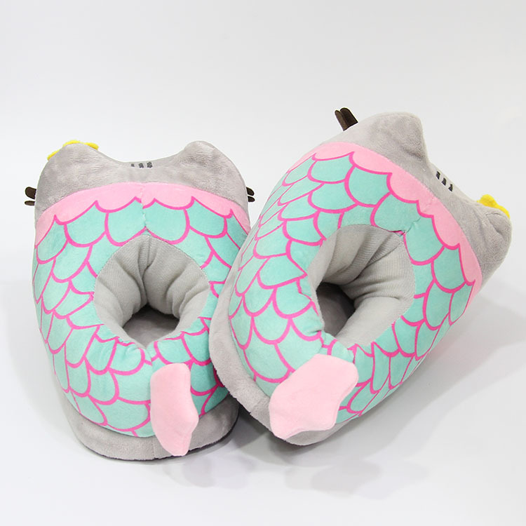 Pantoufles en peluche de dessin animé sirène gros chat gris, chaussures d'intérieur et d'hiver pour la maison, pantoufles en coton avec chat mignon, chaussures de lune pour femmes_voghion.com