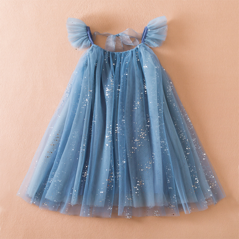 2023 Summer New Girls' Dress Korean Style Flying Sleeve Princess Dress Children's Mesh Ponte Dress Fairy Dress