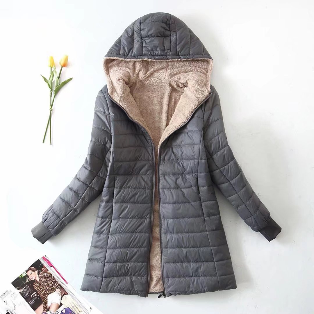 Autumn and winter New European and American AliExpress lamb fleece mid-length warm hooded cotton-padded jacket women's top plus size cotton-padded jacket