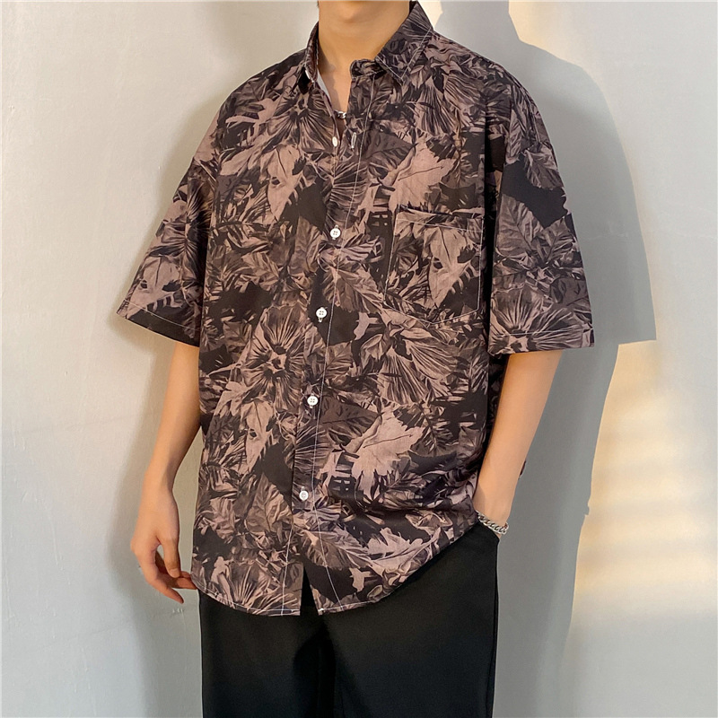 Shirt Men's Summer Thin American Style Retro Printed Short-sleeved Shirt All-match Ins High Street Casual Loose Top Clothes