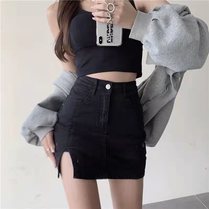 Split Skirt Denim Skirt 23 New European and American Spice Girls ins Internet Popular Sexy High Waist A- Shaped Hip Skirt Women