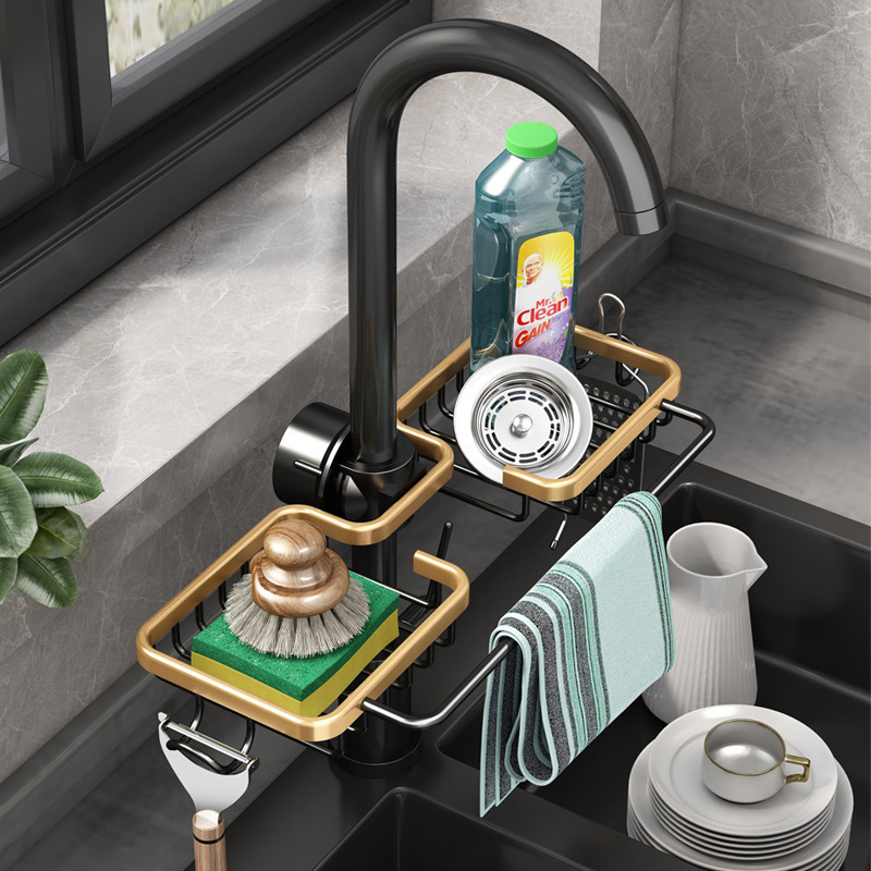 Kitchen storage rack faucet rack black gold household sink dishwashing sponge rag drain hanging basket sink