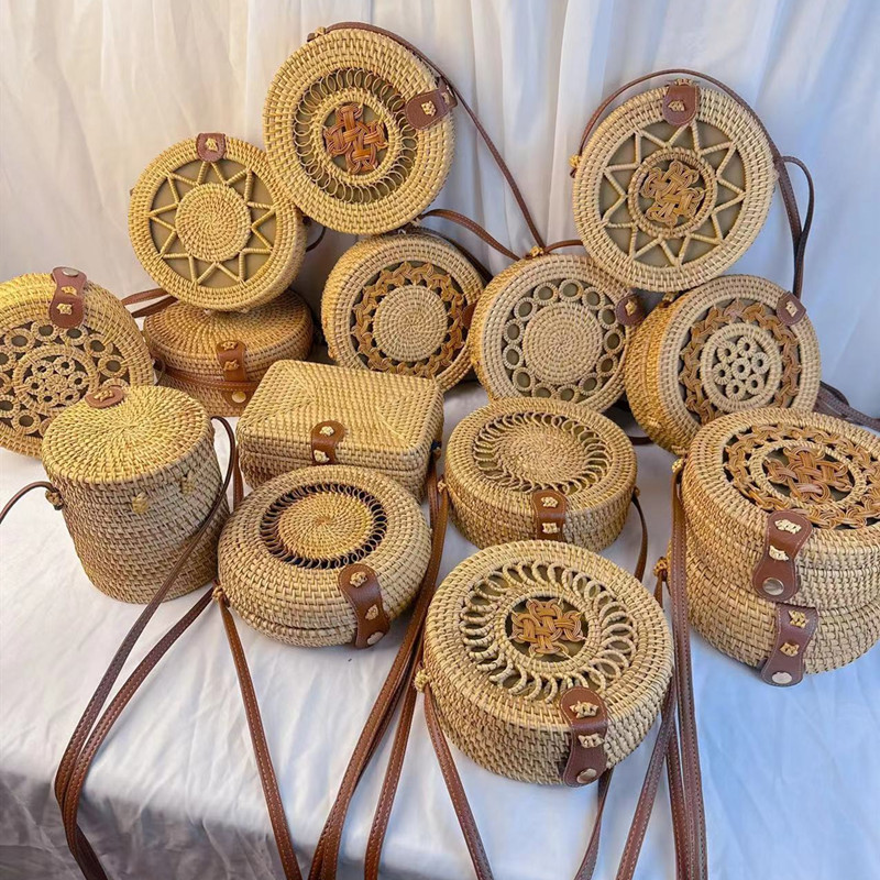 Rattan bag ins oblique cross mini bag forest basket retro woven round bag vacation bucket bag