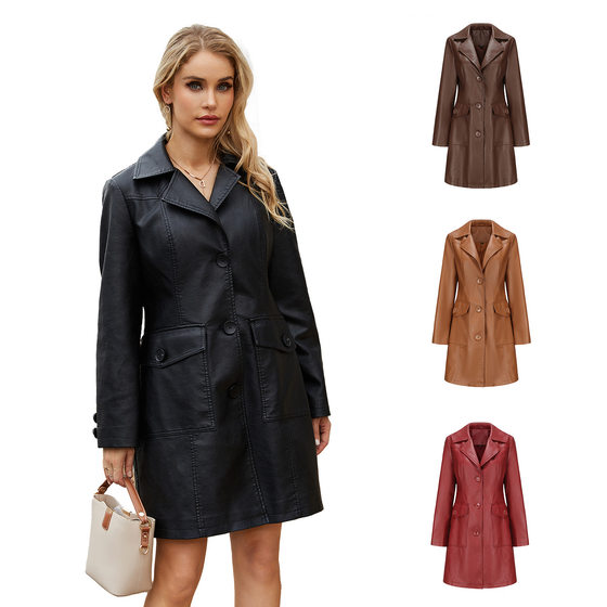 2023 new European and American long leather coat Spring and Autumn long sleeve leather trench coat fashion British coat women's lapel single-breasted