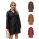 2023 new European and American long leather coat Spring and Autumn long sleeve leather trench coat fashion British coat women's lapel single-breasted