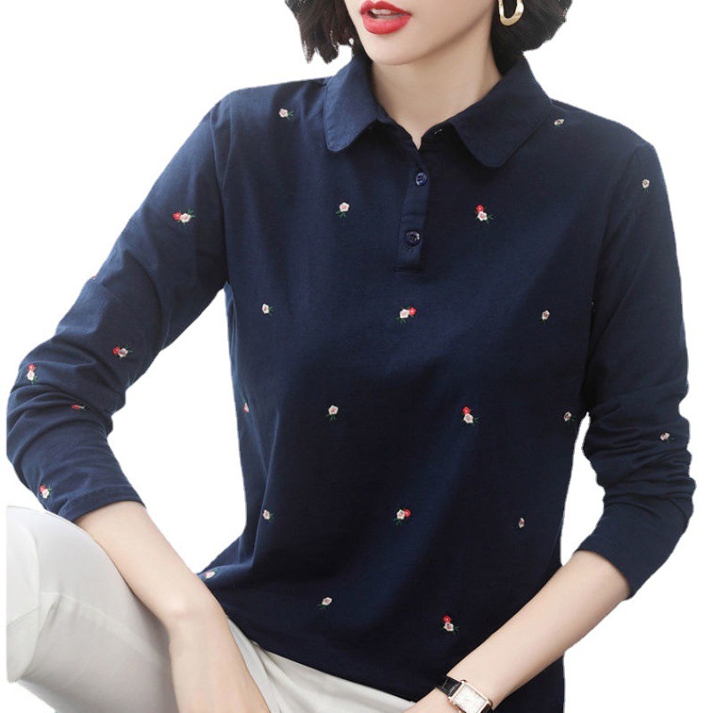 Polo Shirt Long-sleeved T-shirt Women's Loose Large Size Mother's Spring 2032 New T-shirt Slimming Top Base Shirt
