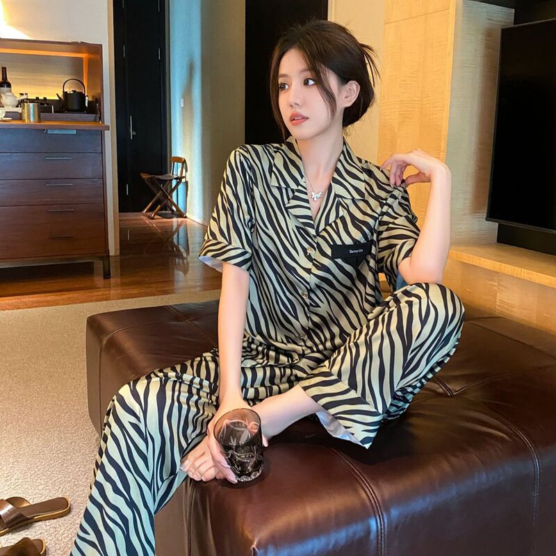 【緑シマウマ】新型パジャマ女性夏氷糸薄い半袖ファッション高級住宅服シマウマ柄シャツ|undefined