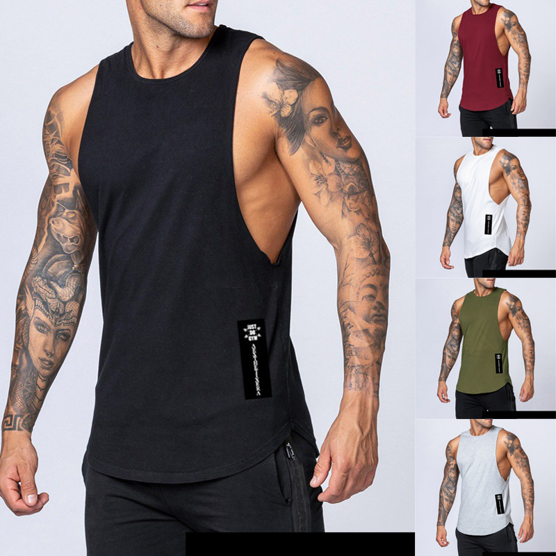 Men's new summer loose waistcoat men's right side long label printed bodybuilding fitness sleeveless vest
