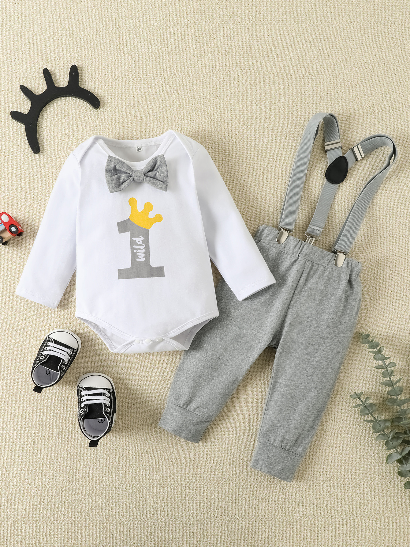 European and American Baby Boy 1 year old ONE letter printing bow tie birthday gentleman cotton suit two-piece set
