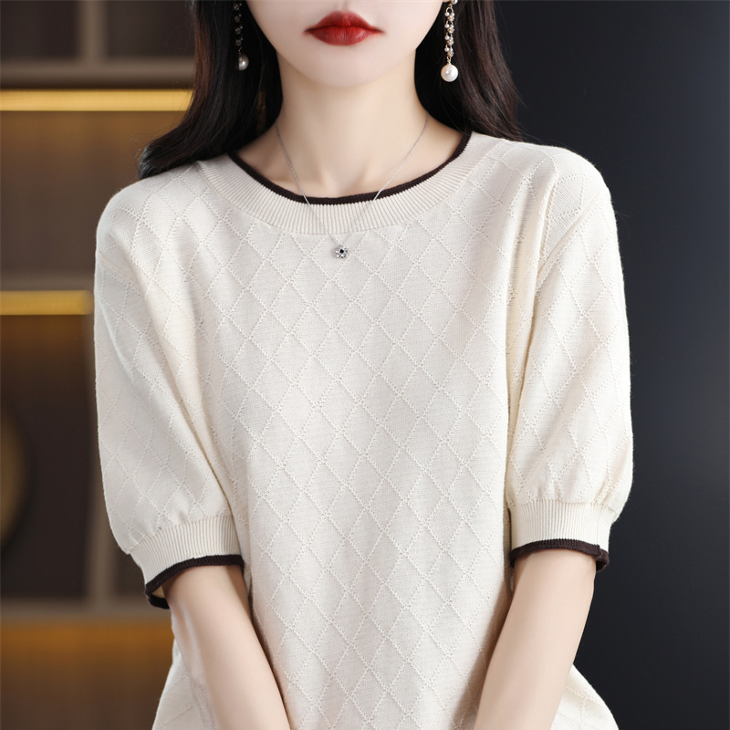 100 Cotton Knitted Short-sleeved Women's Round Neck Color-matching Diamond Half-sleeved Summer Loose Slimming Pullover Thin Base T-shirt