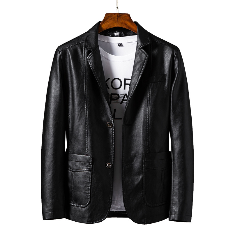 Leather suit men's autumn and winter New Korean style slim fit trendy handsome youth casual lapel fleece-lined leather jacket wholesale