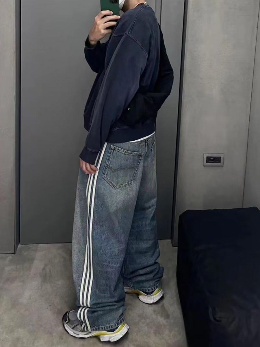 Spring 2023 New American Style Retro Three-Bar Washed Profile Blue Wide-Leg Straight Jeans for Men