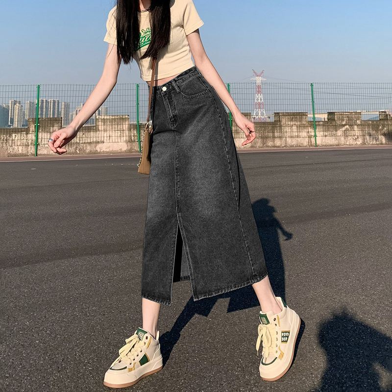 High Waist Split Denim Skirt Women's 2023 New Summer A- line Skirt Hip Skirt Small Pear-shaped Long Skirt