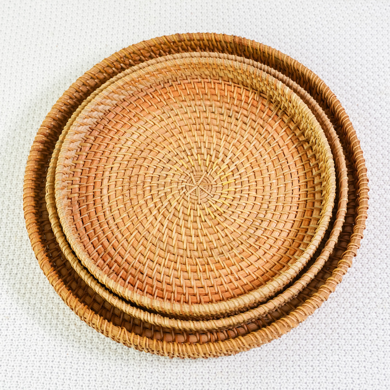 Rattan fruit basket hand-woven Japanese bread basket steamed bread basket living room household storage basket round tray
