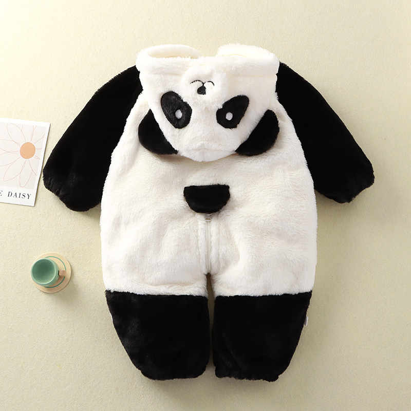 Baby Panda Jumpsuit Rabbit Fur Double Layer Baby Winter Hooded Climbing Suit Newborn Cute Plush Home Pajamas