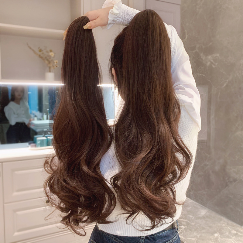 Grasping Internet Celebrity High Horsetail Long Curly Hair Horsetail Wig Women's Fake Horsetail Simulation Hair Big Wave Natural Seamless Braid