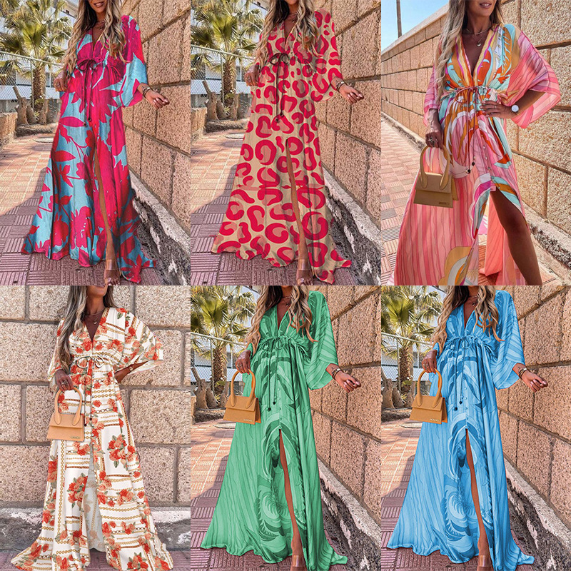 2024 Summer AliExpress European and American Foreign Trade Women's Wear ins Amazon V-Neck Printing Lace-up Long dress