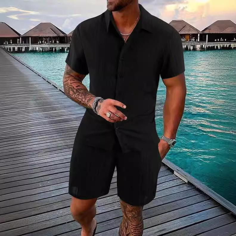 2023 European and American cross-border summer Amazon AliExpress men's shirt casual loose short sleeve shorts beach suit