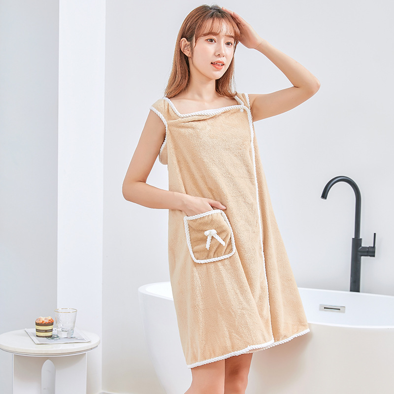 Coral Fleece Thickened Bath Dress Tube Top Soft Thickened Absorbent Cute Bow Pocket Wearable Bath Towel Sling Bath Dress