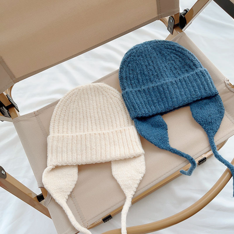 Gestrickte Ohrenschutzmütze für Kinder im japanischen Stil, neue Herbst- und Wintermütze aus dunkler, eleganter, warmer Wolle, einfarbige Strickmütze_voghion.com