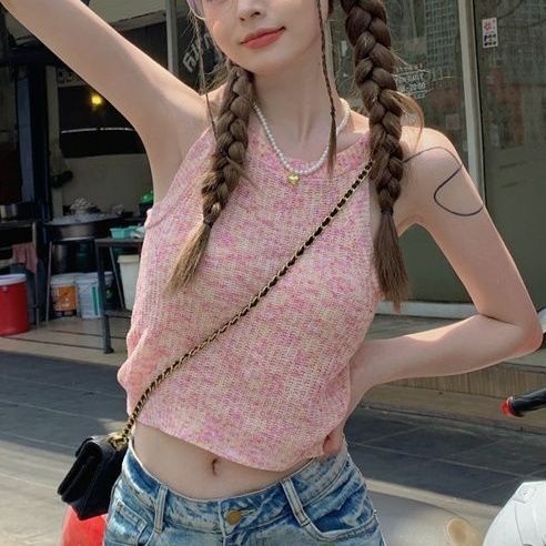 Colorful striped sexy suspenders for women summer new style sweet hottie off-shoulder short vest outer wear slim sleeveless top
