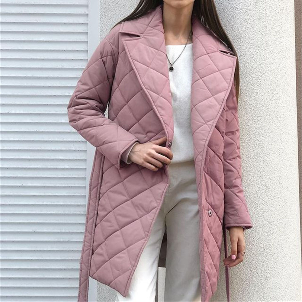 Lapel mid-length cotton-padded jacket 2022 autumn and winter women's clothing new coat fashionable versatile design waist pocket cotton-padded coat women