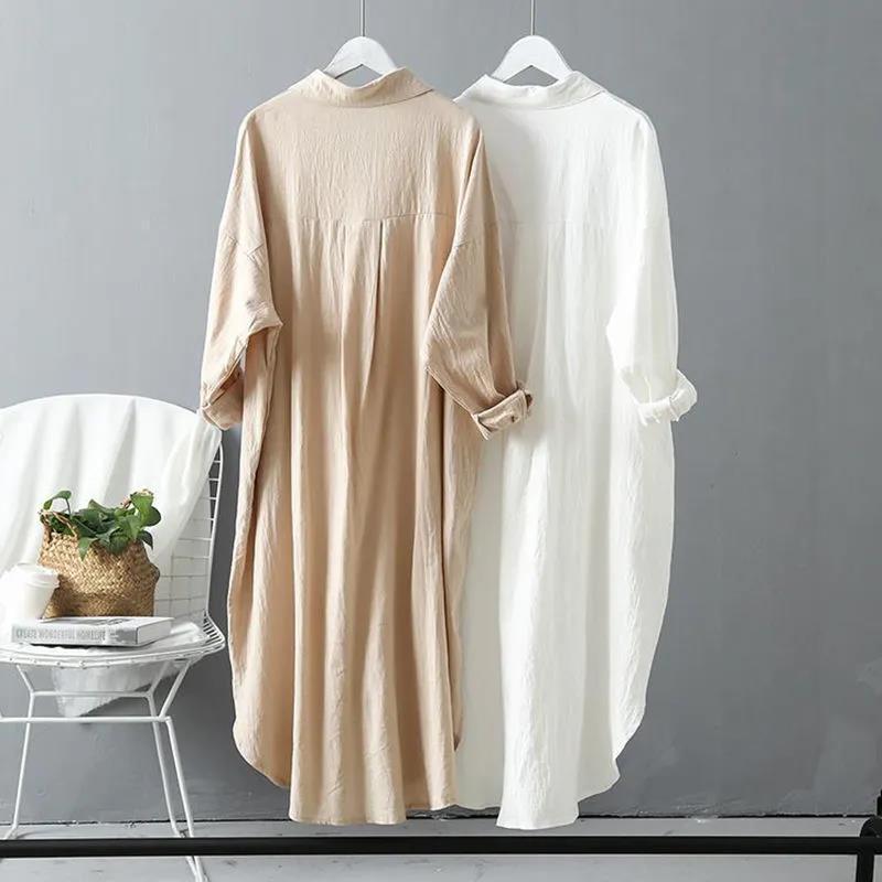 Cotton and linen sun-proof white shirt Women's outer wear 2023 autumn new versatile loose casual top mid-length shirt dress