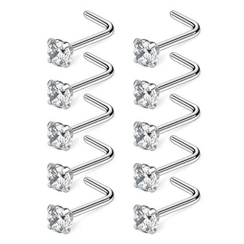 Amazon stainless steel claw zircon G23 nose nail L-shaped straight nose ring titanium alloy nose ring bag drill nose ring 0.8mm