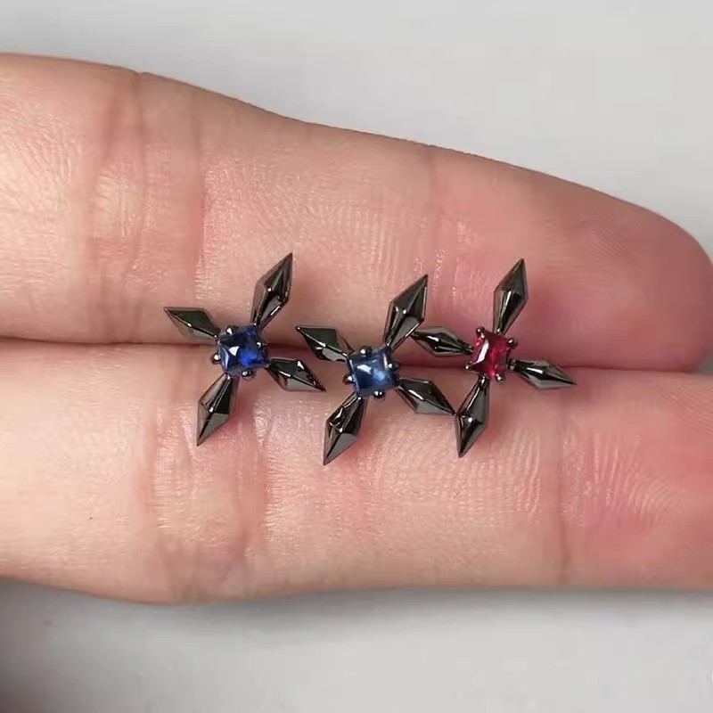 Mercury stud earrings inlaid with blue zircon High sense 2023 men's trendy personality niche earrings for women