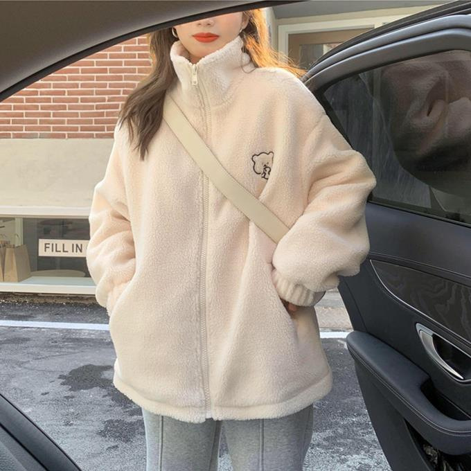 2024 autumn and winter New loose stand collar lamb wool coat women's thickened Western style cute bear plush top