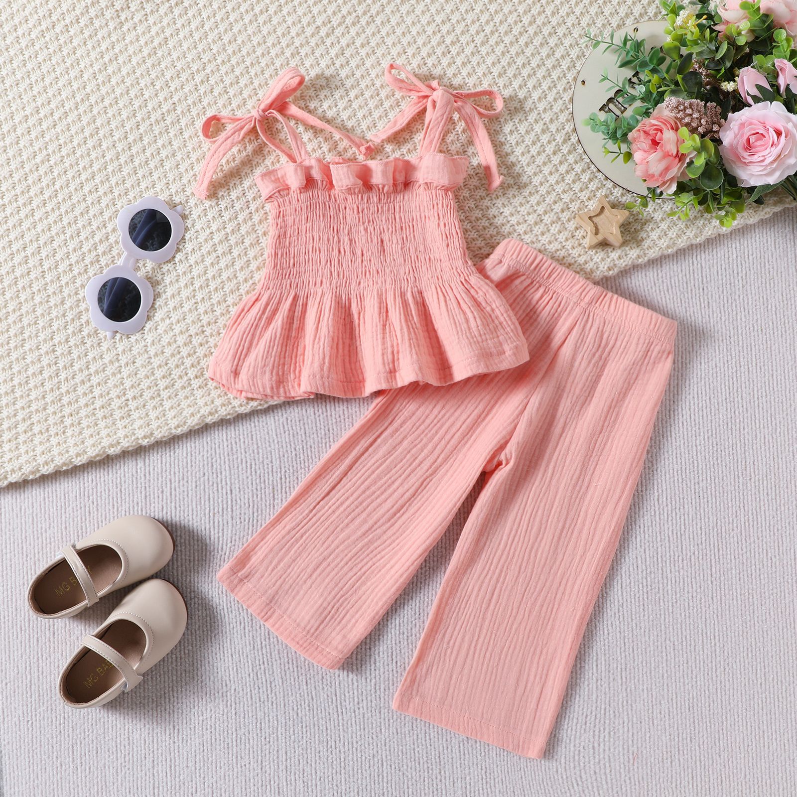 2024 New 0-3 years old infant children simple casual style sling top straight trousers girls solid color suit