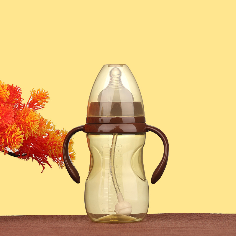 Wholesale baby wide caliber PP feeding bottle with handle nipple straw Baby Big feeding bottle supplies