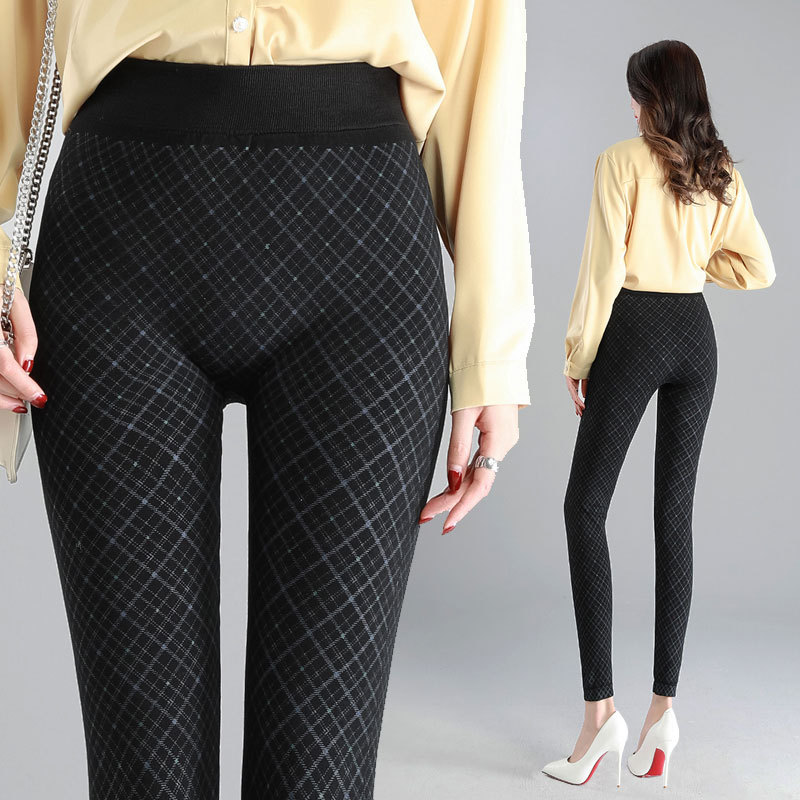 Striped plaid leggings women wear thin high waist large size slim leggings plus velvet northeast cotton pants leather wholesale