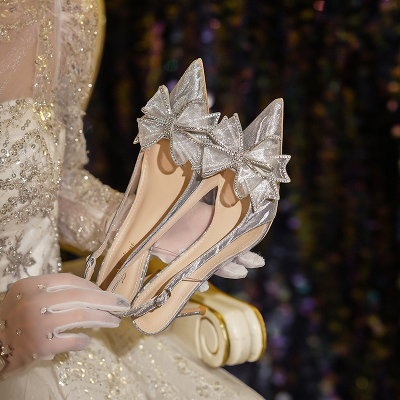 French Crystal High Heels Bow Wedding Shoes 2023 Rhinestone Pointed Stiletto Heel Summer Women's Sandals Golden Bridal Shoes