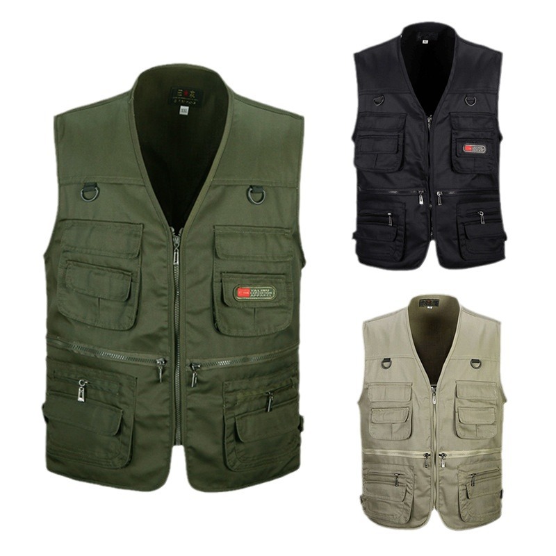 Multi-Pocket Men's Vest Polyester Cotton Four Seasons Outdoor Vest Middle-aged and Elderly Fishing Vest Plus Large Size Waistcoat for Hair