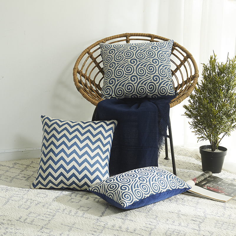 Blue Dye Cotton 3D Geometric Embroidered Pillowcase with Blue and White Porcelain Chinese Style Back Pillow Backrest for Wholesale without Filling