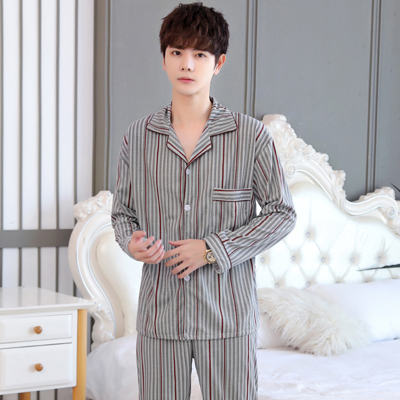 Pajamas for men, spring and autumn long-sleeved two-piece set, imitation cotton, young and middle-aged dads, large size men's home clothes, loose and can be worn outside