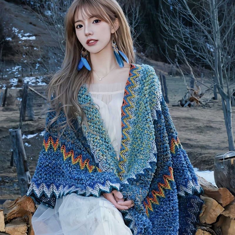 Yunnan Lijiang travel outside knitted shawl ethnic style vintage Cape cloak tassel scarf for vacation wear