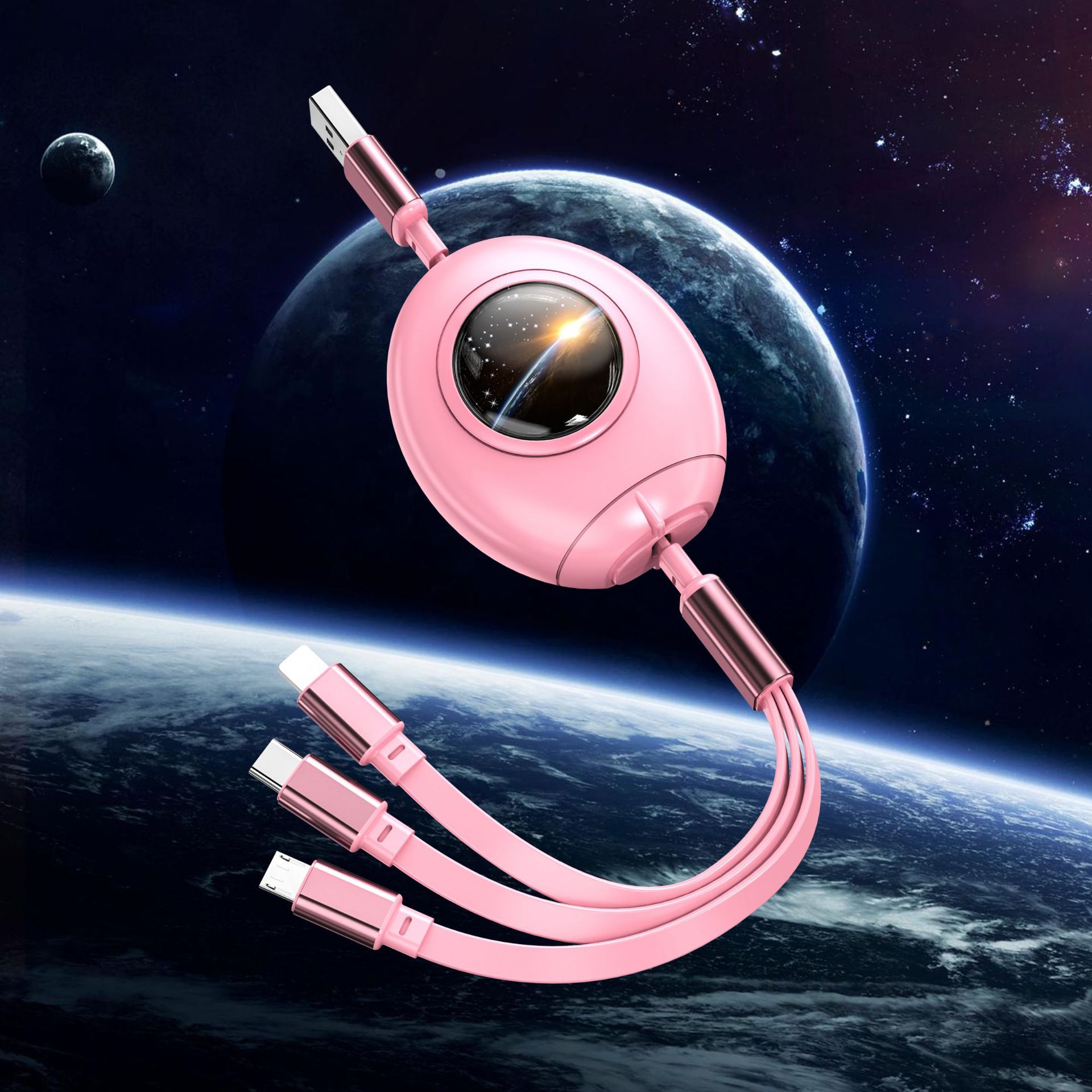 New capsule one-to-three data cable telescopic rocket three-in-one multi-head charging line 3a fast charging gift manufacturers
