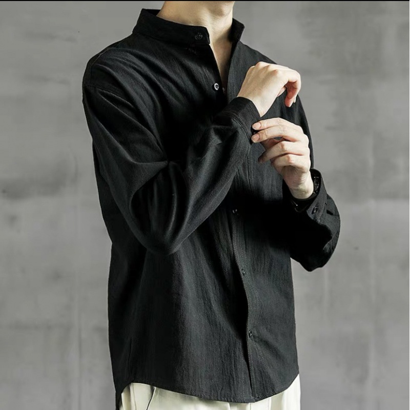 Spring and Autumn solid color long-sleeved shirt men's thin casual shirt youth summer loose cotton and linen shirt men's coat