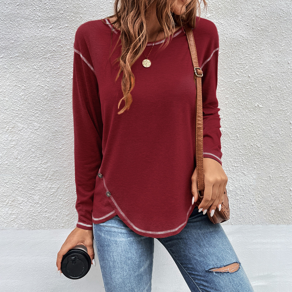 Amazon Independent Station  Autumn and Winter New European and American Clothing Hot Sale Solid Color Button Irregular Side T-shirt