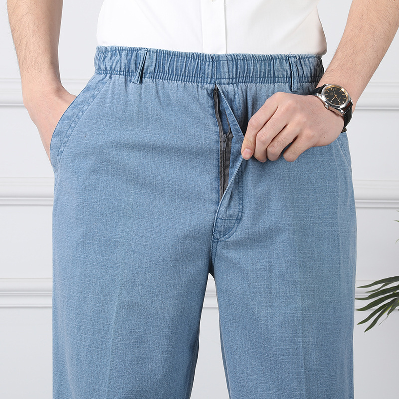 Linen Casual Pants Men's High Waist and Deep Crotch Loose Middle-aged Men's Pants for Elderly Men's Pants with Elasticated Waist Cotton Linen Summer Thin Dad's Pants