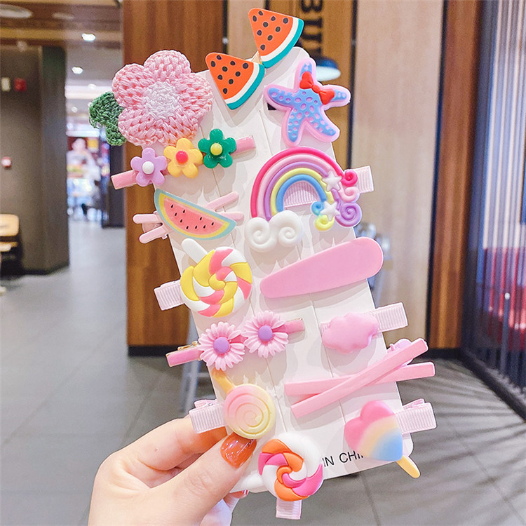New Baby Princess Candy Color Hair Accessories 14 Piece Set Cute Flower Internet Celebrity Hair Card Children's Hairpin Cartoon Set