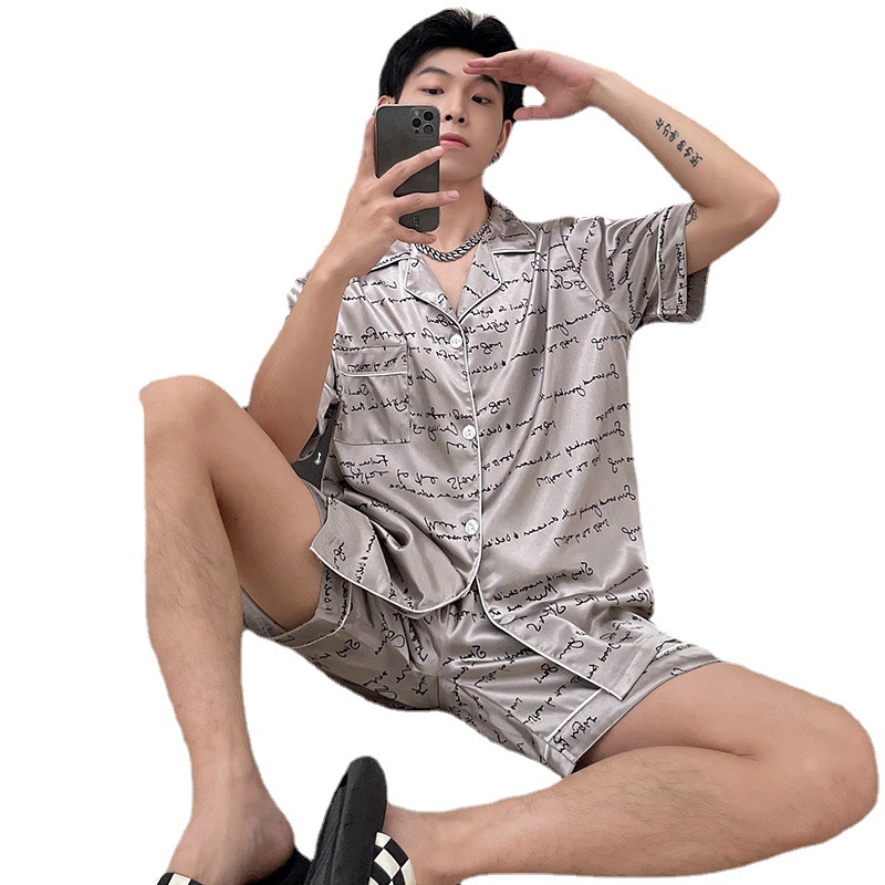 Summer pajamas men's artificial silk casual simple plus size short sleeve shorts lapel cardigan loose thin home wear