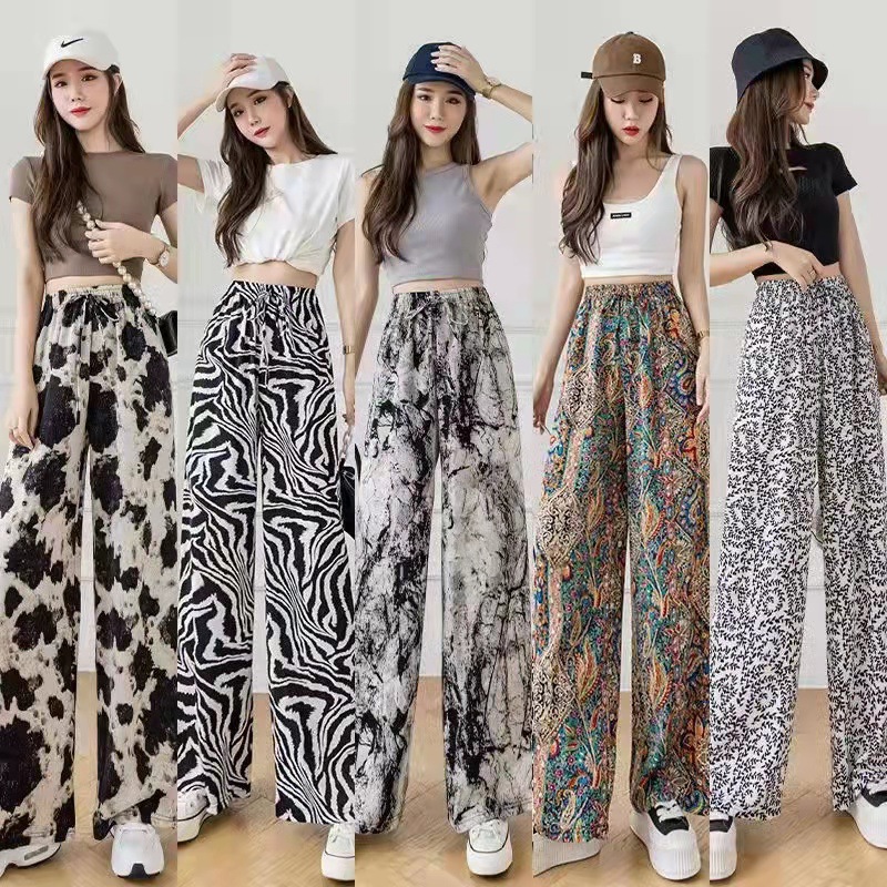 Ink Painting Tie-Dye Pants Women's Summer Thin High Waist Draping Straight Leg Pants Casual Pants Ice Silk Wide Leg Pants