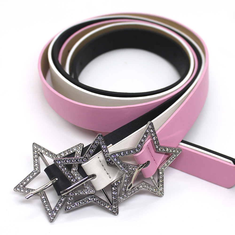 Nowość w stylu Spice Girl Millennium Pink Belt Amerykański styl Metalowa klamra Pięcioramienna gwiazda Pełny pas wiertniczy Pasek na każdy mecz_voghion.com