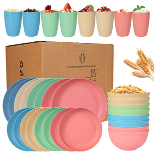 Amazon American station wheat straw plate Bowl Cup 8-person tableware gift suit plastic drop-resistant plate Bowl Cup