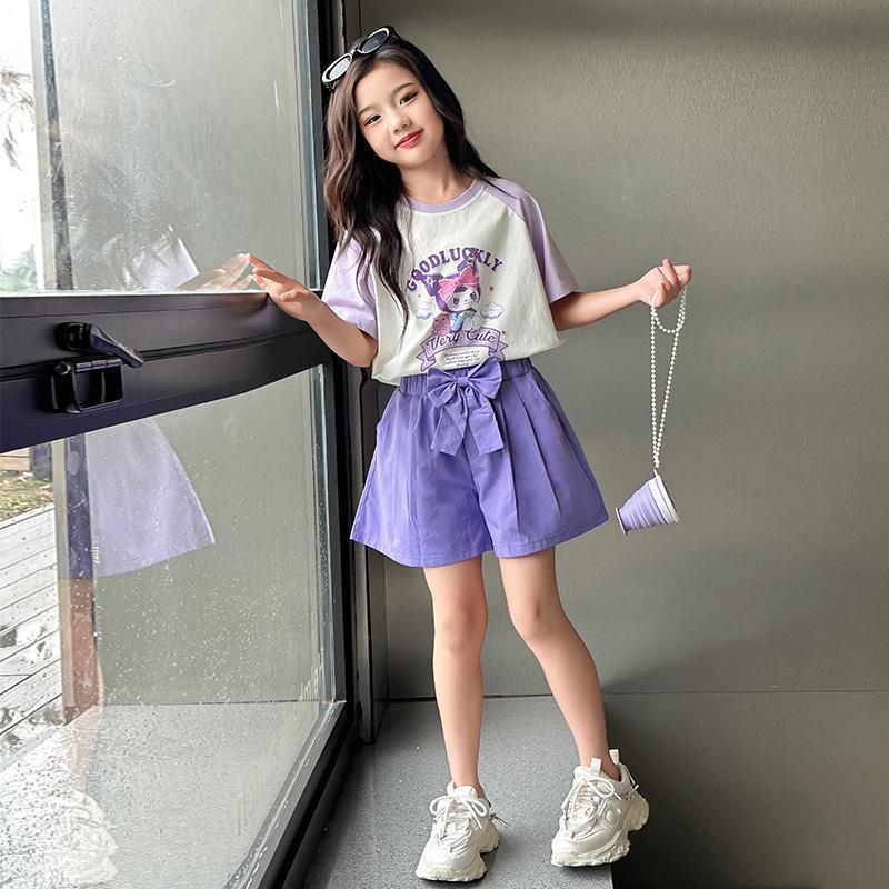 Girls' Casual suit Cartoon Short-sleeved T-shirt Summer New Style Stylish Short-sleeved Shorts Two-piece Set