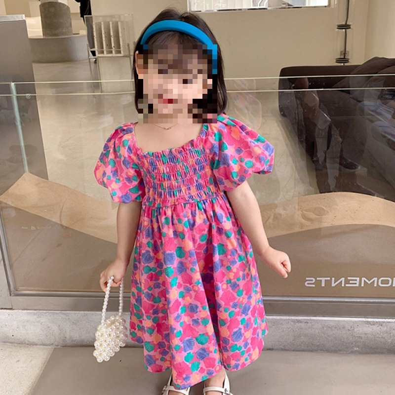 女童裙子花朵壓皺系帶連衣裙公主裙24夏裝新款外貿童裝代發3-8歲